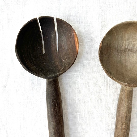 Vintage Salad Servers Wooden Serving Spoon Fork Set Decorative Inlay African - Picture 2 of 9
